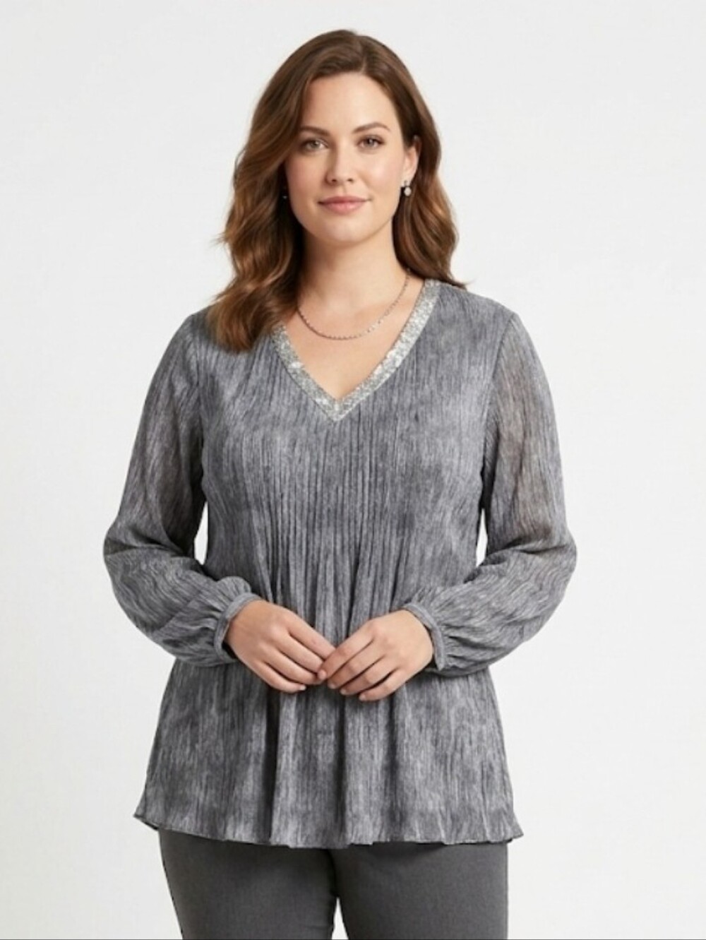 NWT Knox Rose Gray Pleated V-Neck Top with Metallic Trim Size XXL